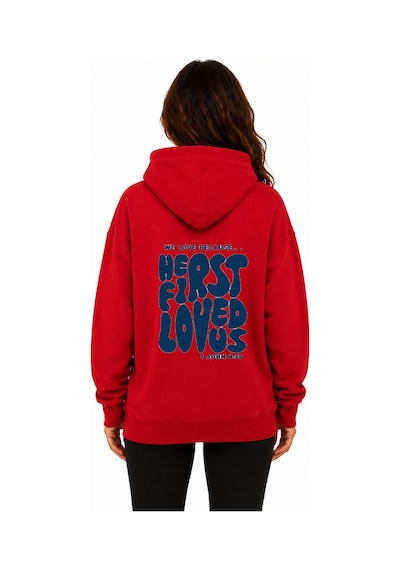 Herkesemoda First Love Arka Baskılı Kapüşonlu 2 İplik Şardonlu Sweatshirt Kırmızı