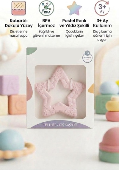 Yıldız Şekilli Esnek Bpa İçermeyen Kabartılı Pastel Renkli Oyuncak Bebek Diş Kaşıyıcısı Pembe