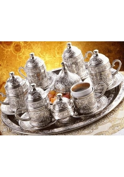 Osmanlı Motifli 6 Kişilik Türk Kahve  Seti - Gümüş