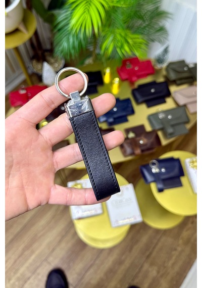 Siyah Hakiki Deri Premium Anahtarlık Kişiye Özel İsim Baskılı