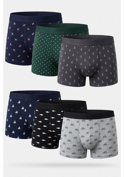 Hepsine Rakip Kota Erkek Baskılı Penye Boxer 6 Lı Paket Pamuklu Elastan Karışık Desenli KARIŞIK