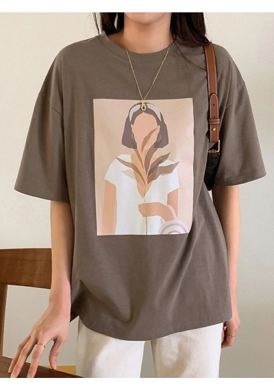 Flood Of Style Kadın Kahverengi Hayali Kadın Figür Baskılı Bisiket Yaka Tshirt