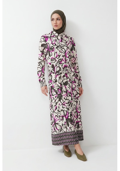 Armine Trend Beli Kemerli Ve Boydan Düğmeli Desenli Tunik Pembe 25yt421