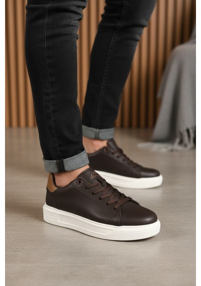 Enoch Topuk Detaylı Beyaz Tabanlı Bağcıklı Erkek Sneaker Kahve Beyaz