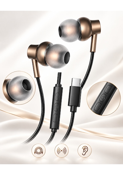 Hi-res Type-c Kablolu Kulak İçi Kulaklık 3d Surround Stereo Ses Mikrofonlu 14.2mm Sürücü Manyetik Kulaklık Type C Mikrofonlu Kulaklık