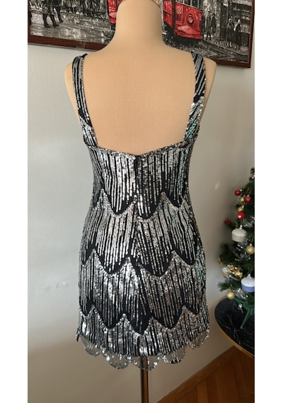Chica Rosa Fashion Kısa Gümüş Pullu Elbise Gümüş - Siyah