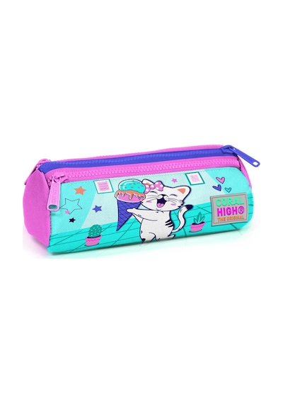 Coral High Kids Turkuaz Pembe Dondurmalı Kedi Desenli Üç Bölmeli Kalem Çantası 22051