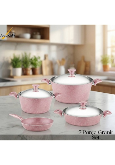 7 Parça Granit Set Çelik Kapak - Pembe Pembe