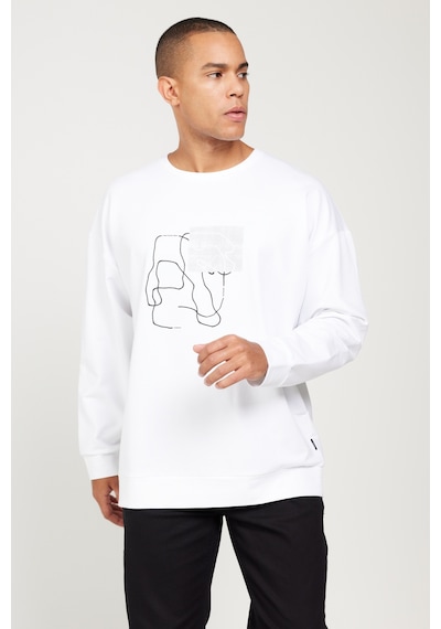 AC&Co / Altınyıldız Classics ERKEK BEYAZ Oversize Fit Geniş Kesim Bisiklet Yaka Baskılı Rahat Sweatshirt Beyaz