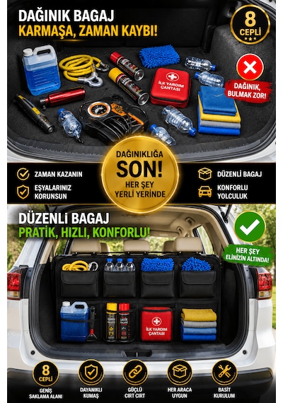 Araç Bagaj Organizeri Oto İç Aksesuar Bagaj Düzenleyici Ayarlanabilir 8 Cepli Fileli Araba Bagaj Çantası Standart