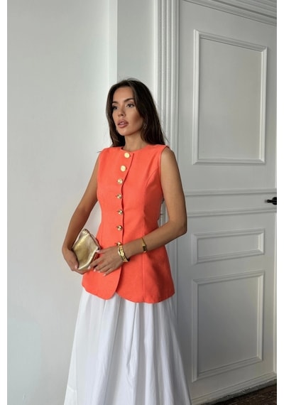 Defymoda Jakar Keten Yelek Belden Oturtmalı Gold Düğmeli - Orange Orange