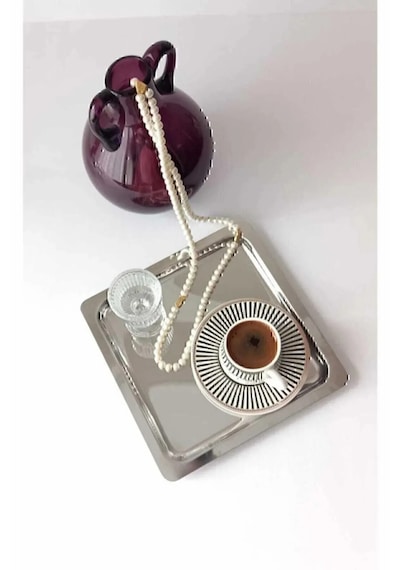 2 Adet Lüx Kare Paslanmaz Çelik Gümüş Renk 21x21cm Kahve Servis Sunum Tepsisi & Tabağı Gri - Gümüş