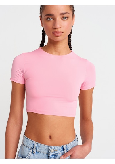 Dilvin 31175 Bisiklet Yaka Crop Top-pembe Pembe
