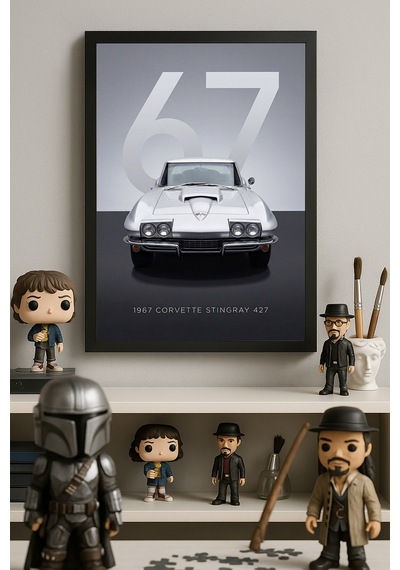 Corvette Stingray 427 Siyah Ahşap Çerçeveli Poster, Dekoratif Araba Duvar Tablosu