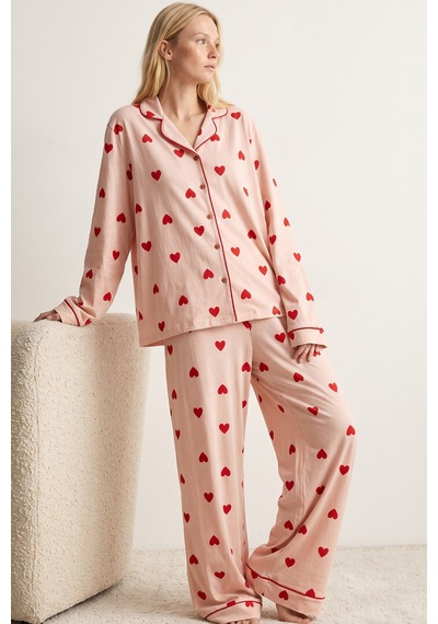 Siyah İnci Düğmeli Biyeli Oversize Pamuklu Örme Pijama Takım 8071 Somon