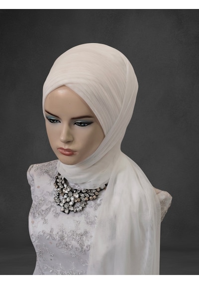 Kırık Beyaz Gelinbaşı Sarma Sevda Model Hazır Duvak Hazır Şal Hazır Türban