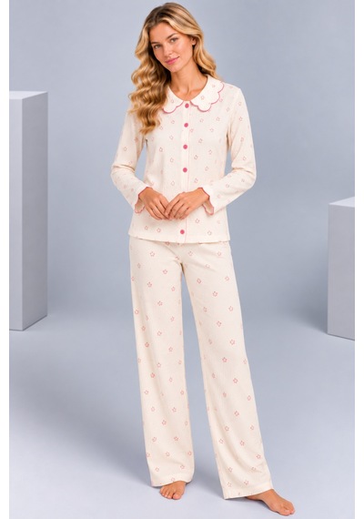 Pijamask Kadın Çiçek Desenli Bebe Yaka Düğmeli Uzun Kollu Müslin Pijama Takımı Ekru