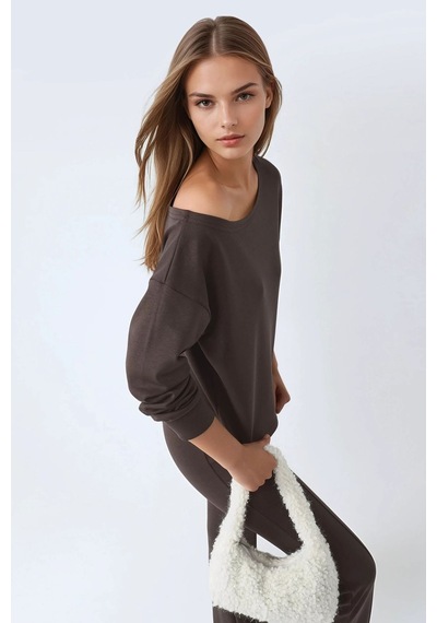 Hiccup Busem Asimetrik Yakalı Rahat Kesim Sweatshirt Kahve Kahvesi