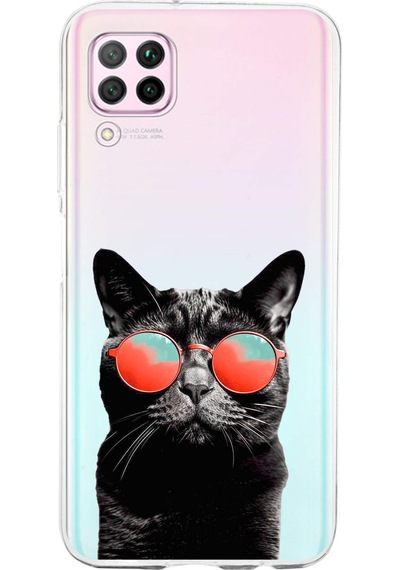 Huawei P40 Lite İle Uyumlu 1mm Slim Fit Kedi 3 050d Baskılı Şeffaf Kılıf Şeffaf