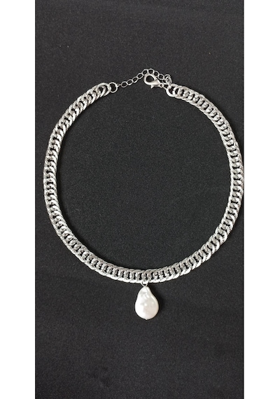 Kalın Zincir Yamuk Incili Kolye Gümüş