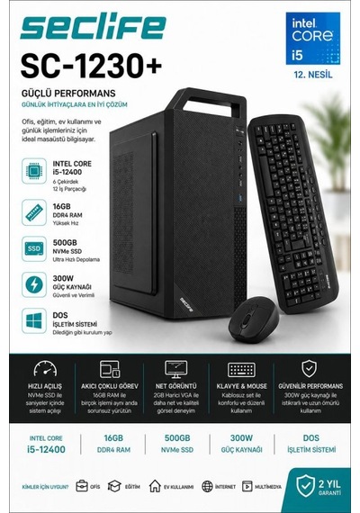Seclife SC-1230+ İ5-12400F 16 GB 500 GB 2 GB Dos Masaüstü Oyuncu Bilgisayarı