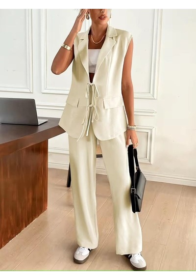 Veraura Lifestyle Kadın Kolsuz Yakalı Önü Bağcıklı Ceket Ve Pantolon Ikili Takım Bej