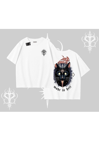 Startmore Startmore Gothic Cat Made İn Hell Baskılı Sweatshirt Oversize Tshirt Beyaz