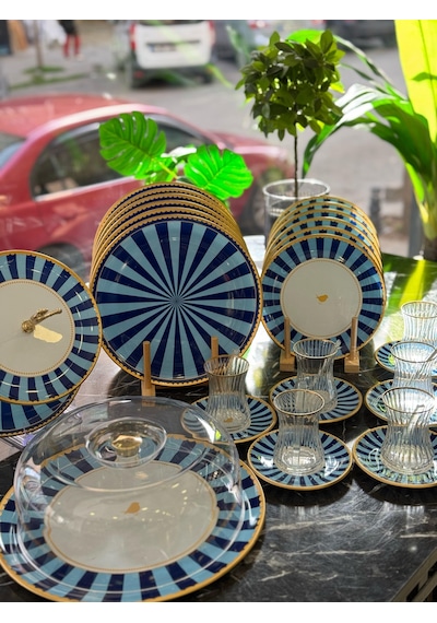 34 Parça Iwon Blue Yaldızlı 6 Kişilik Pasta Çay Servis İkram Takımı-4908 Lacivert