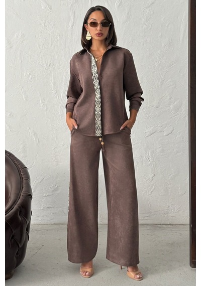 Verymoda Şerit Detaylı Scuba Süet Pantolon F1972 Kahve