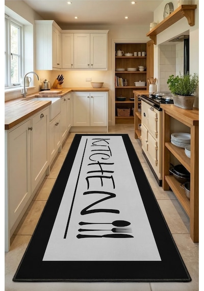 Kitchen Acık Gri Siyah Kenar Siyah Yıkanabilir Mutfak Halısı Gri - Siyah