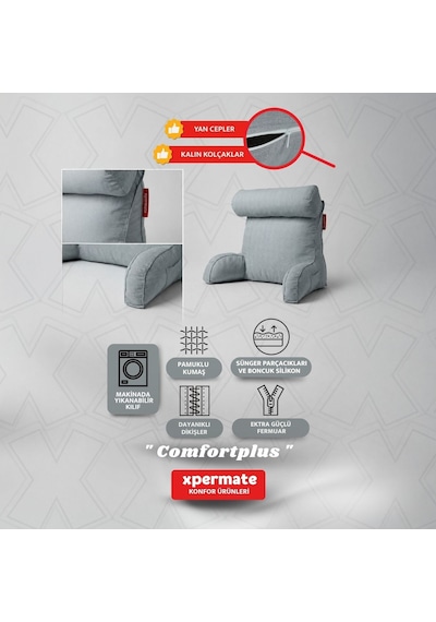 Xpermate TV Yastığı Kollu Okuma Yastığı Sırt Destek Yastığı Yatakta Oturma Kitap Okuma Yastığı Antrasit