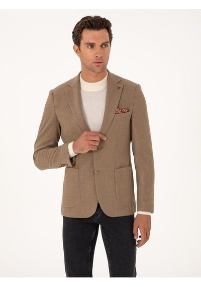 Cacharel Bej Slim Fit Yün Karışımlı Dokulu Ceket