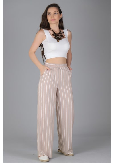 Sweetness Kadın Bej Çizgili Bol Paça Beli Lastikli Pantolon Bej