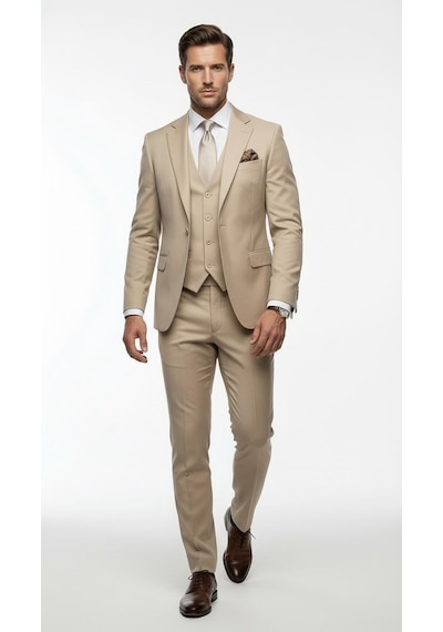 Erkek 3 Parça Slim Fit Takım Elbise Klasik Likralı Kumaş, Tek Düğme, Çift Yırtmaçlı Modern Kesim Ceket Yelek Pantolon Bej