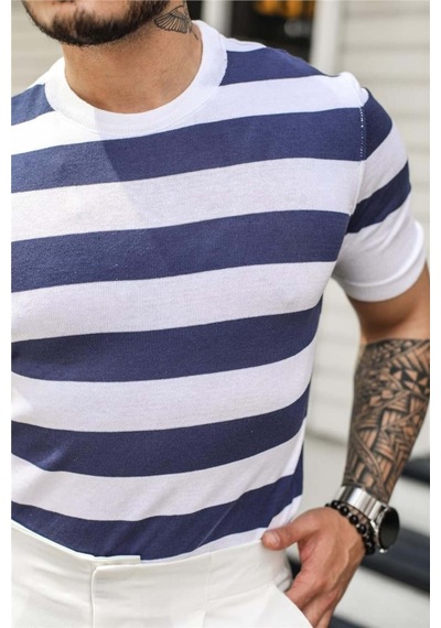 Erkek Yuvarlak Yaka Örme T-shirt Beyaz-saks