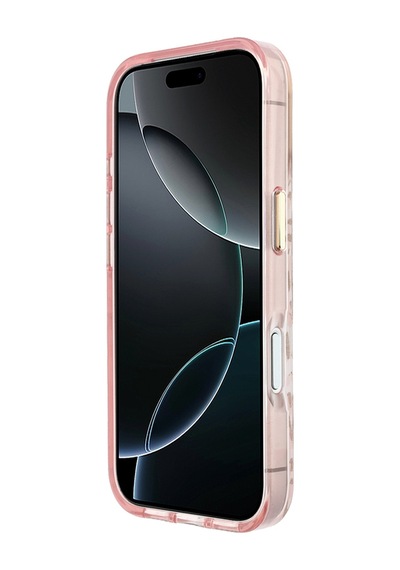 Apple iPhone Uyumlu 18 Pro Max Kılıf Guess Lisanslı M-safeli Üçgen Logolu Simli Leopar Desenli Kapak Pembe