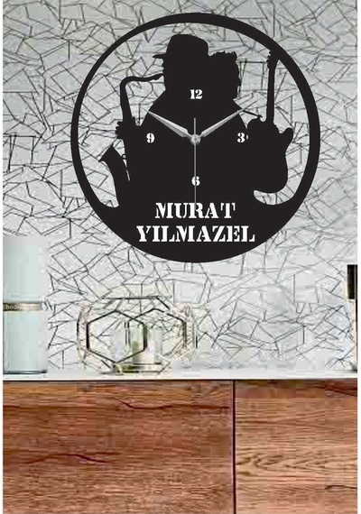 Kişiye Özel Saksafon Temalı Dekoratif Ahşap Duvar Saati Siyah