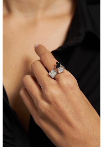 Roza Silver Siyah Mineli Rodyum Kelebek Yonca Ayarlanabilir Gümüş Yüzük