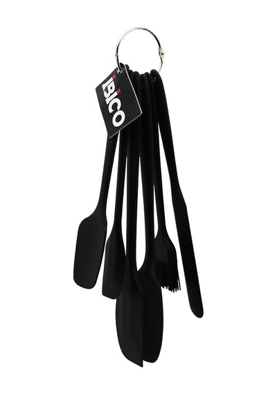 6pcs Silikon - Siyah Mutfak Seti 2 Kaşık - 3 Spatula - Yumurta Fırça Metal Asma Halkalı 5468 Çok Renkli