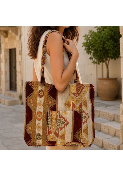 Bk Gift El Yapımı Otantik Türk Kilim Omuz Çantası -12, Günlük, Kitap, Tablet, Plaj Ve Seyahat Çantası Çok Renkli