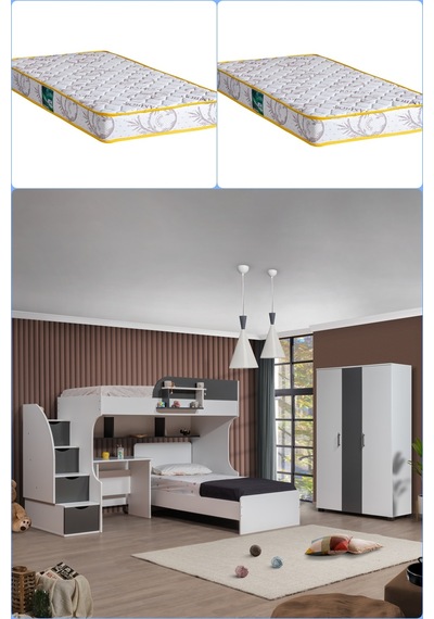 Ranza, Aura Ranza Karyola Masa 3 Kapaklı Dolap + 2 Comfort Yatak Beyaz - Gri 90 X 190 CM Ranza, Aura Ranza Karyola Masa 3 Kapaklı Dolap + 2 Comfort Yatak Beyaz - Gri 90 X 190 CM
