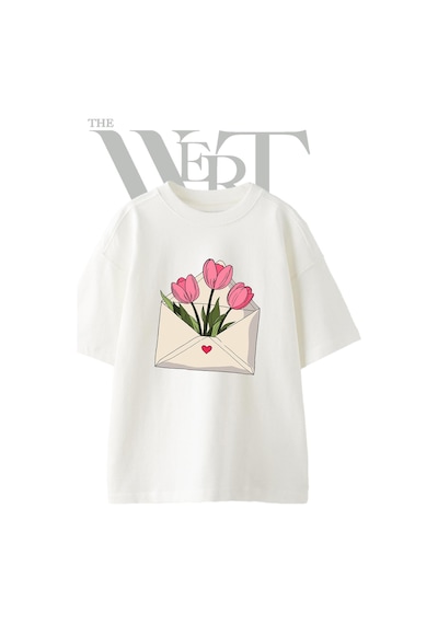 Thewert Tulip Envelope Tasarım Baskılı Ünisex Beyaz Oversize T-shirt