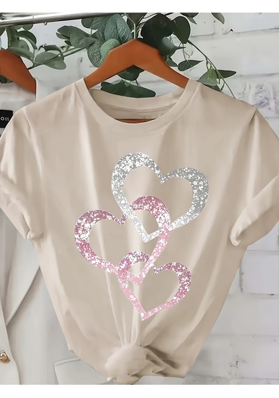 Uyguntarz Unisex İç İçe Geçmiş Kalpler Baskılı Tasarım Tshirt Bej