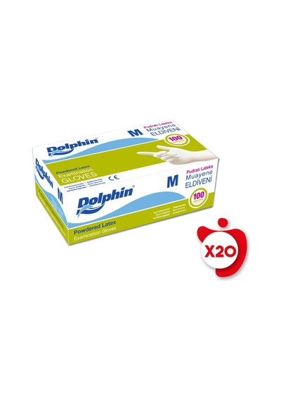 Dolphin Pudralı Lateks Muayene Eldiveni M Beden Beyaz 100'lü 20 Paket