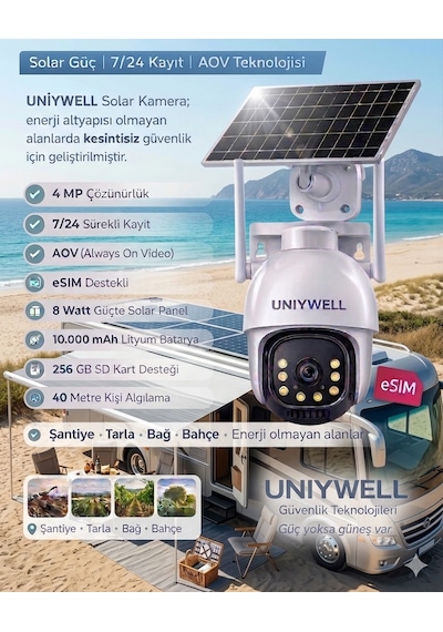 Uniywell Avo 4 Mp Solar Panelli 4g Ve Esım Destekli Kablosuz Güvenlik Kamerası Internet Paketi + 64 Gb Sd Kart l