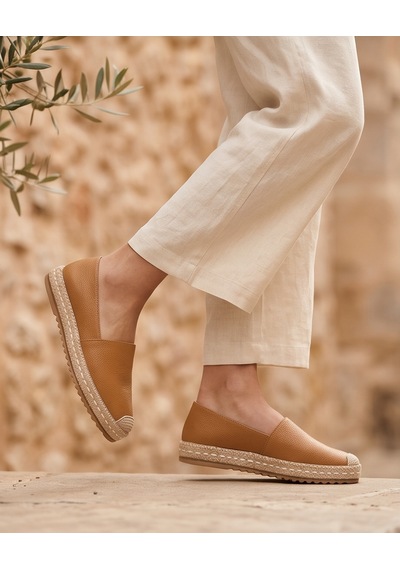 Futsishoes Lucıa Açık Taba Hakiki Deri Dikiş Detaylı Kadın Espadril