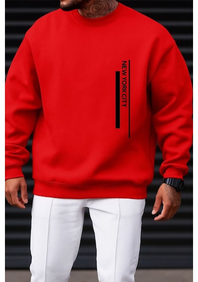 Benroma 3 İplik Penye New York Cıty Baskılı Unisex Sweatshırt Kırmızı