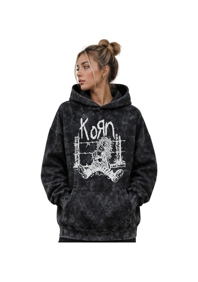 Sevbano Korn Rock Metal Müzik Grubu Baskılı Unisex Oversize Premium Yıkam Siyah