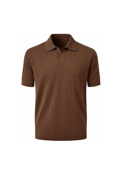 Erkek Polo Yaka Slim Fit Triko Tişört Dikey Çizgili Modern Yazlık Triko Kahverengi