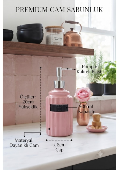 Modern Sıvı Sabunluk - Renkli Cam Mutfak Deterjan Ve Sıvı Sabunluk, Gümüş Pompalı - 20x8x8 Cm Pembe